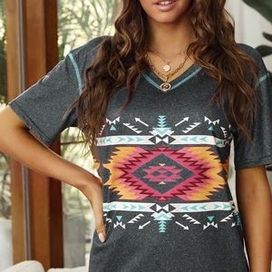 Aztec Print V-Neck T-Shirt